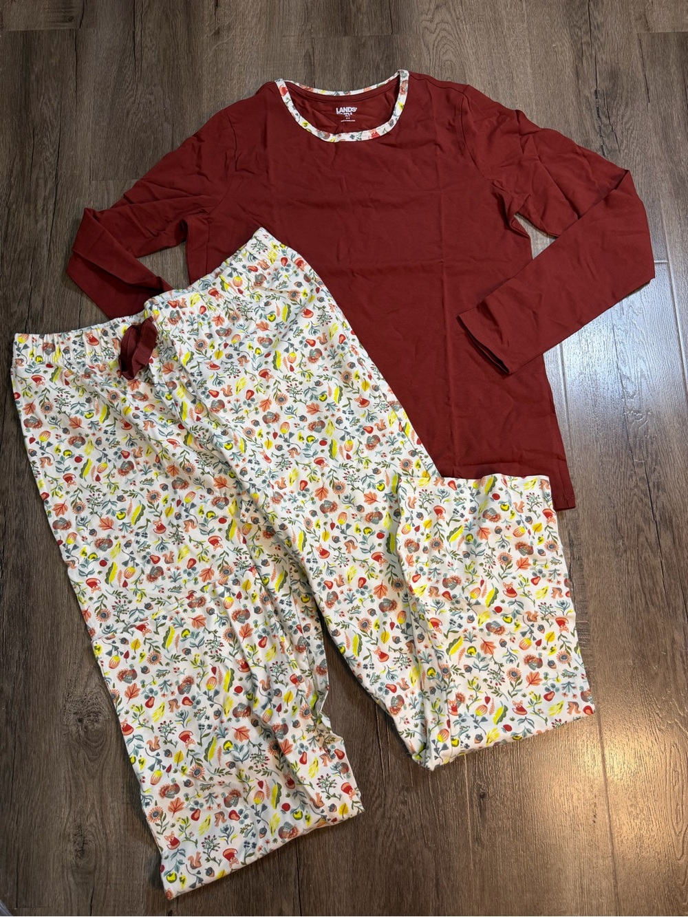 Lands' End Burgundy Long-Sleeve Top with Floral Print Pajama Pants